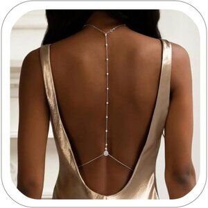 Elegant Pearl & Rhinestone Back Chain Necklace – Silver Bridal Jewelry for Women